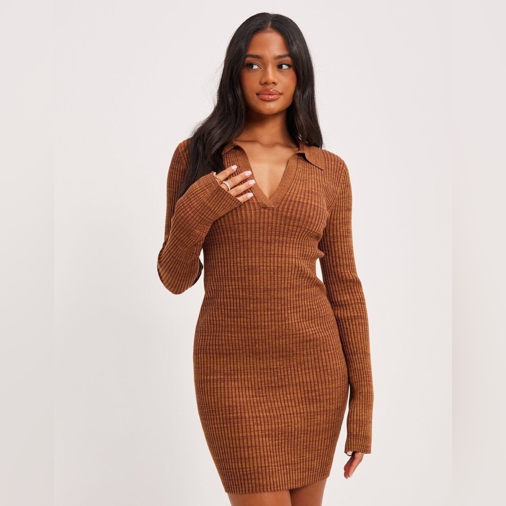 HELMUT LANG $495 Pecan Marl Stretch Knit Rib Mini Body Con dress NWT